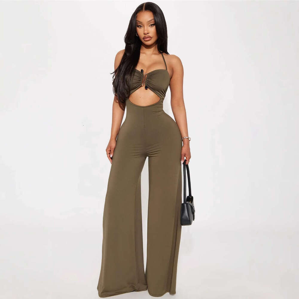 New Fashionable Elegant Solid Color Halter Neck Metal Design Backless Hollow Out Straight Leg Jumpsuit B5