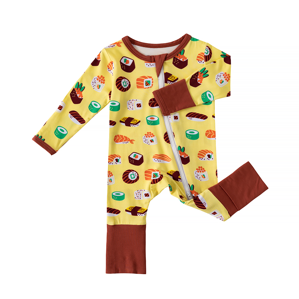 Unisex Custom Printed Two-Way Zipper Infants Pajamas Long Sleeve Bamboo Baby Rompers Bamboo Soft Fabric