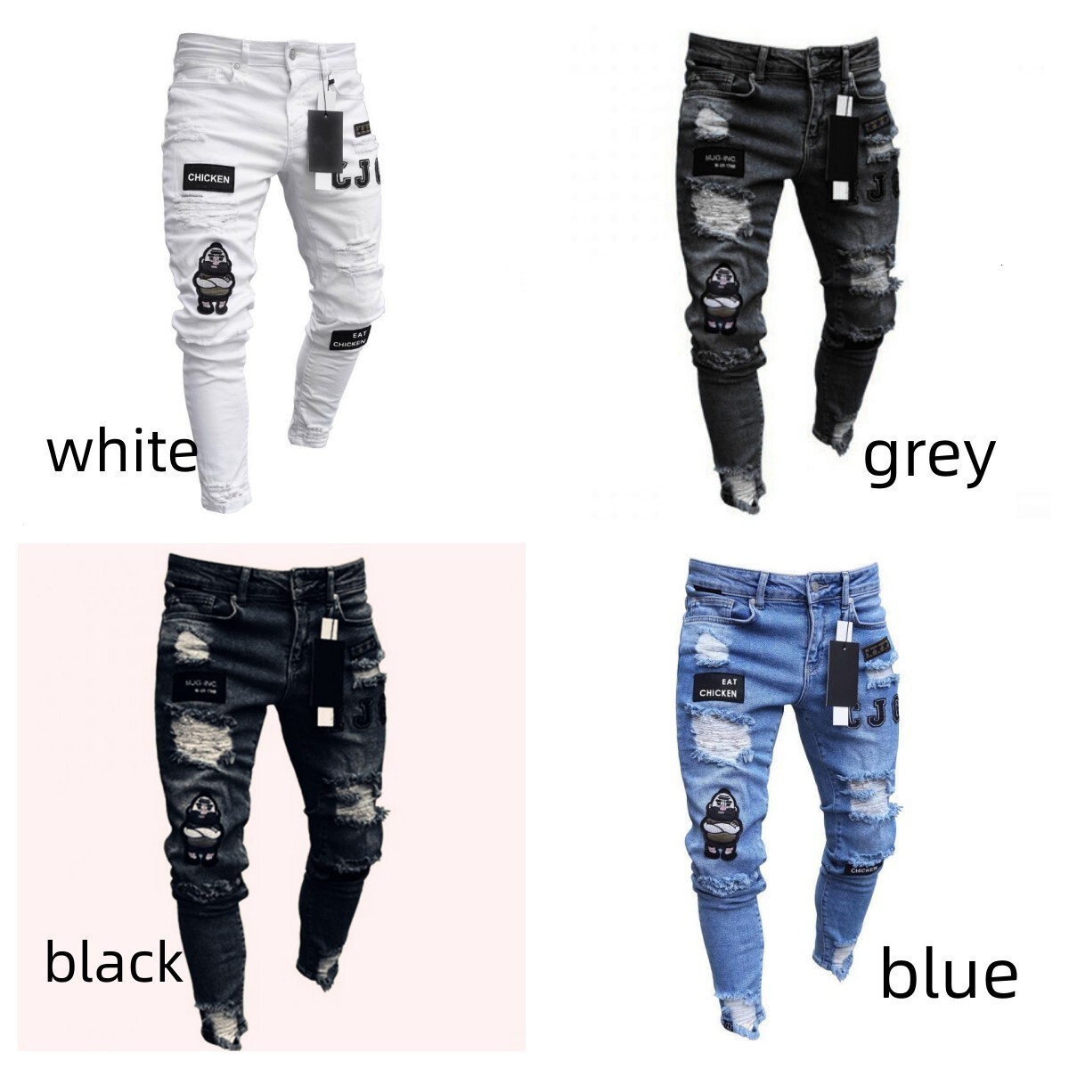 Men's jeans designer, high street trend, breathable hip-hop pants, men's skinny jeans, ripped badge slim-fit pants, long pants