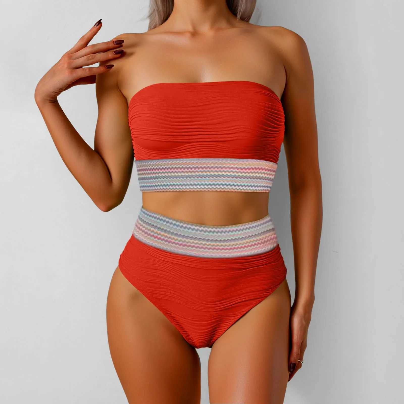 Strapless Women Two Piece Swimwear Tankinis Set Patchwork Ribbed Bandeau Bikini Swimsuits Detachable Strap Women Bathing Suit XJ250624