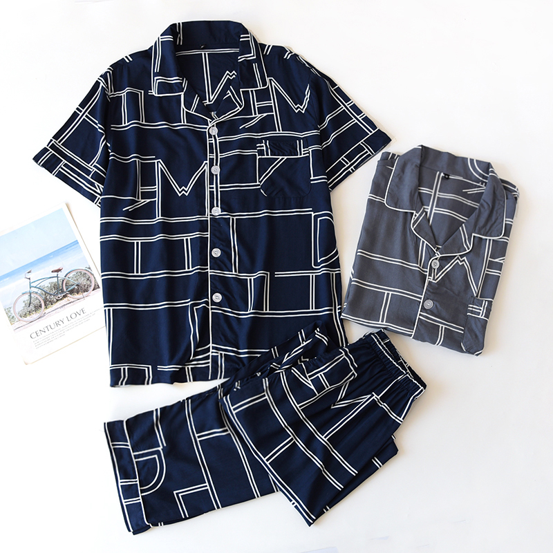 Men's Spring and Autumn Cotton Silk Home Clothes Set, Loose and Casual, Can be worn outside, Thin Short sleeved, Long pants Two piece Set