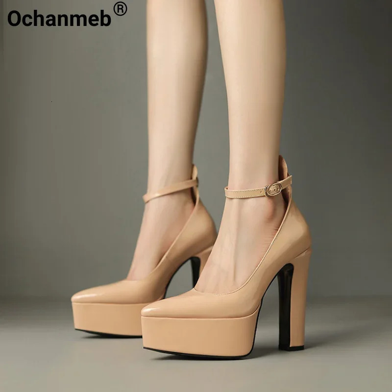 Ochanmeb Patent Leather Pumps Women Super High Heels Thick Sole Platform Shoes Woman Pointed Toe Ankle Buckle Party Wedding Pump 250624