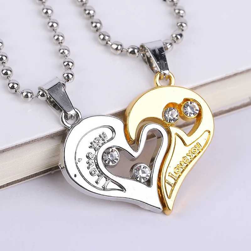 2Pcs/set Love Heart Couple Necklace For Women Men Two Colors Puzzle Hollow Zircon Heart Matching Pendant Valentines Day Gift V250625