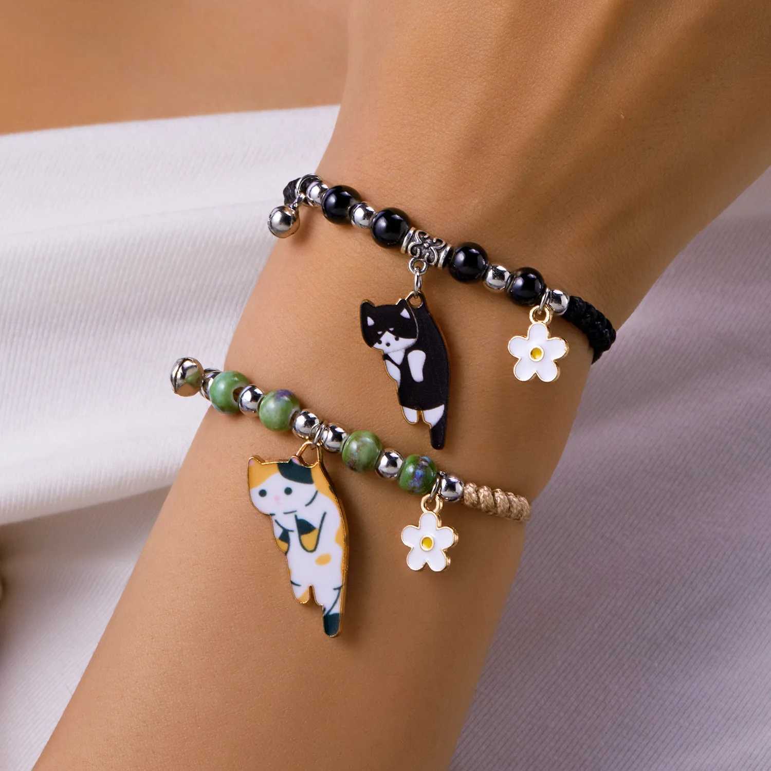 Cartoon Enamel Cat Flower Bracelet for Girls Kids Wen Charm Pet Pendant Strap Rope Bracelets Handmade Friendship Jewelry X250625