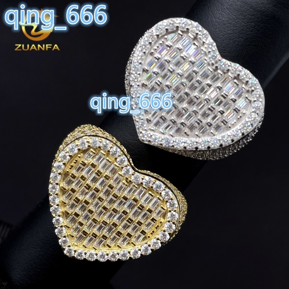 GRA Certified Drop Shipping Fine Jewelry Iced Out VVS Baguette Moissanite 925 Sterling Silver Hip Hop Rings Heart Ring