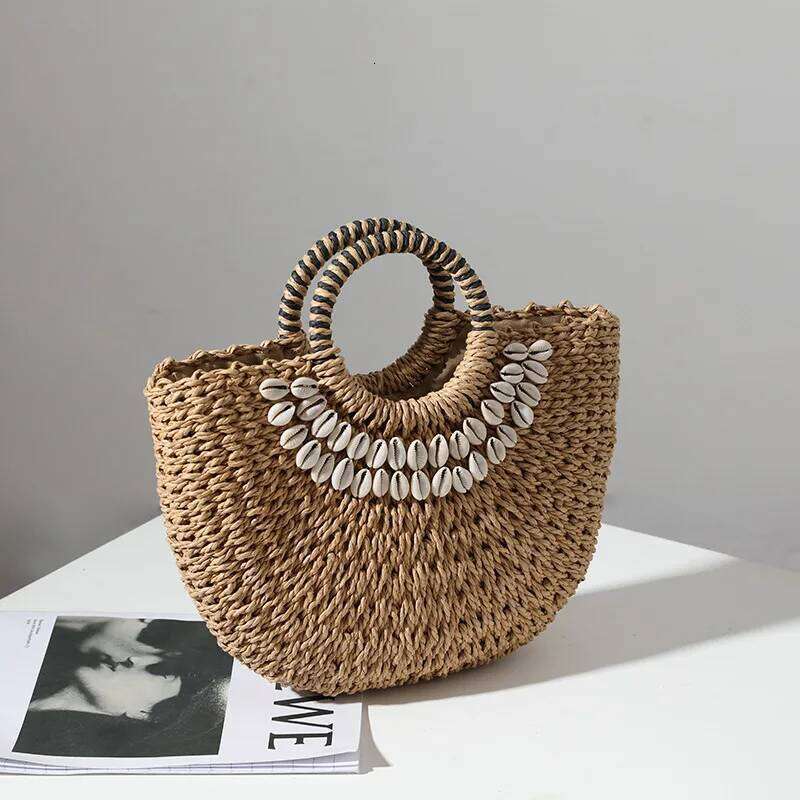 New Fashion MOON Straw Handbags Summer Shell Beach Rattan Bag Handmade Vintage Woven Handbag For Women Bolsa Femme