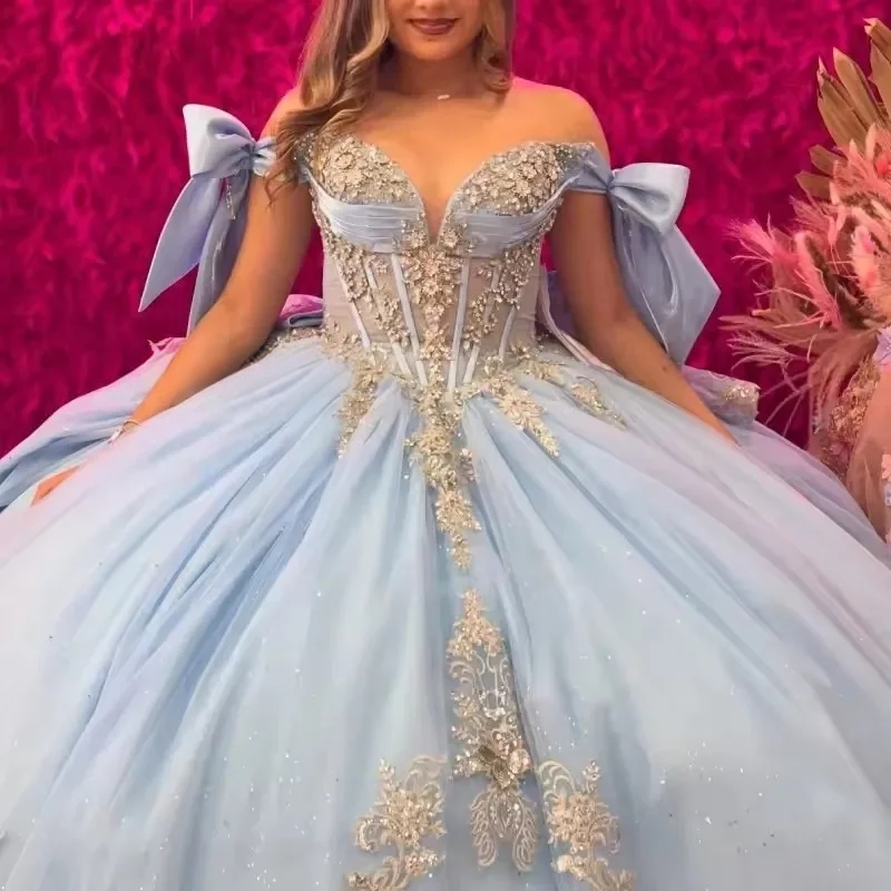 Sky Blue Shiny Princess Quinceanera Dresses Off-Shoulder Bow Ruffle Appliques Lace Beads Tull Sweet 16 Dress Vestidos 15 De XV Anos