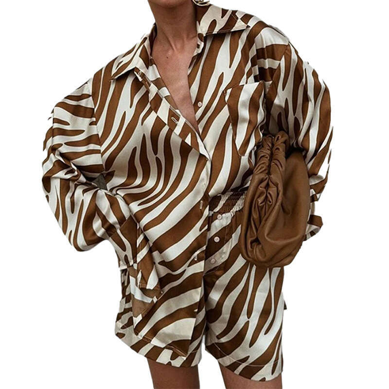 Spring Women's Clothing Top Shorts Printed Casual Shirt Two-Piece Set B5