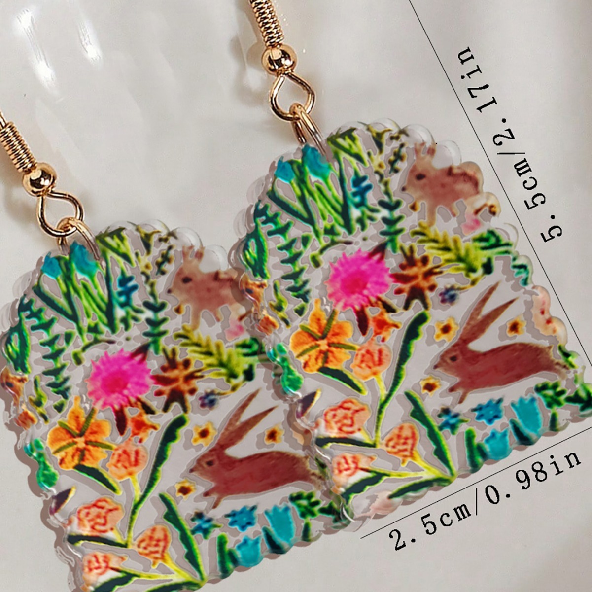 1 Pair of Half Round Earrings with Small Flower, Grass, Rabbit Prints, Transparent Acrylic Material, Elegant, Fashionable, and Exquisite