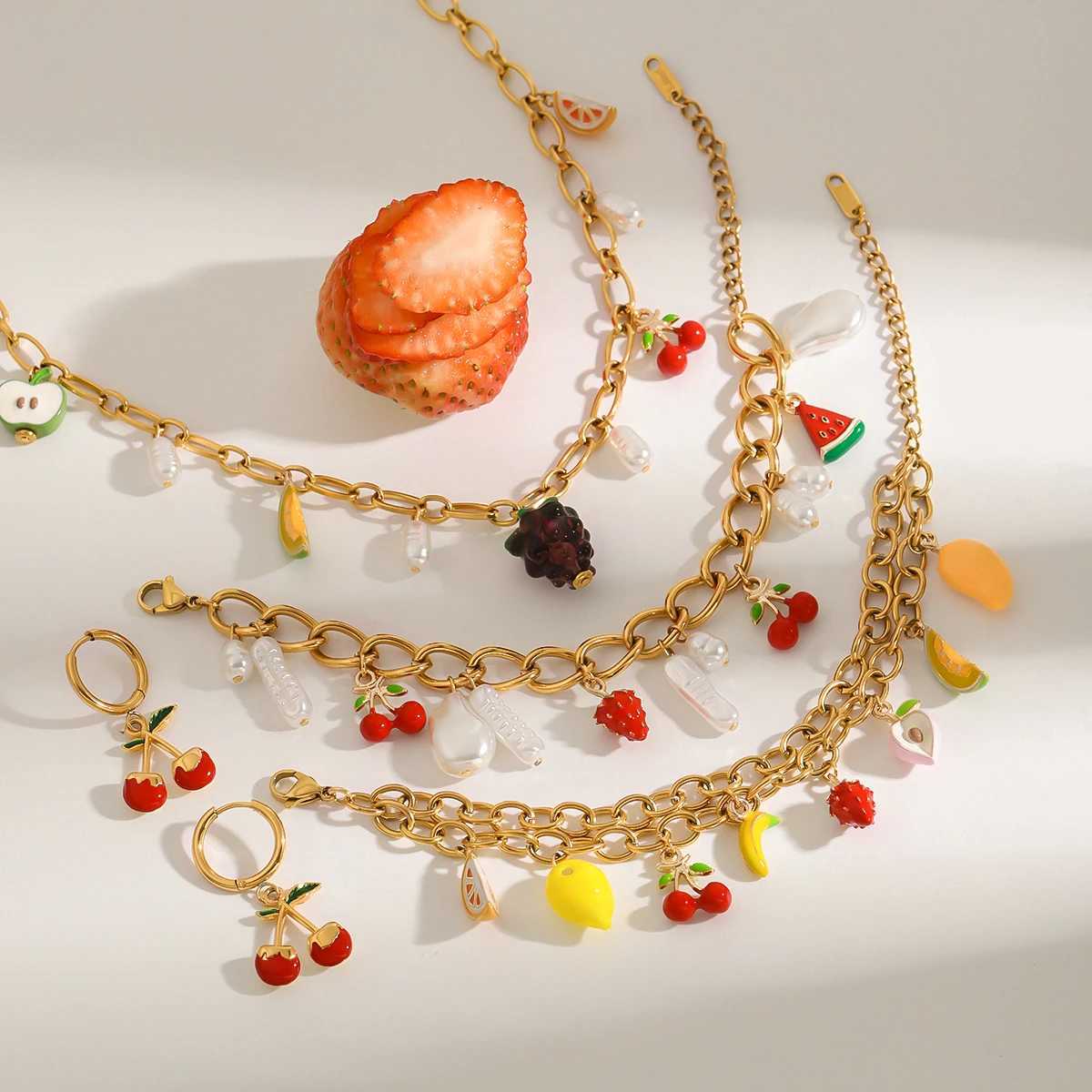 Uworld 18K Gold Color Plated Stainless Steel Shaped Acrylic Pearl and Fruit Pendant Bracelet Stackable Watermelon Bracelet X250625