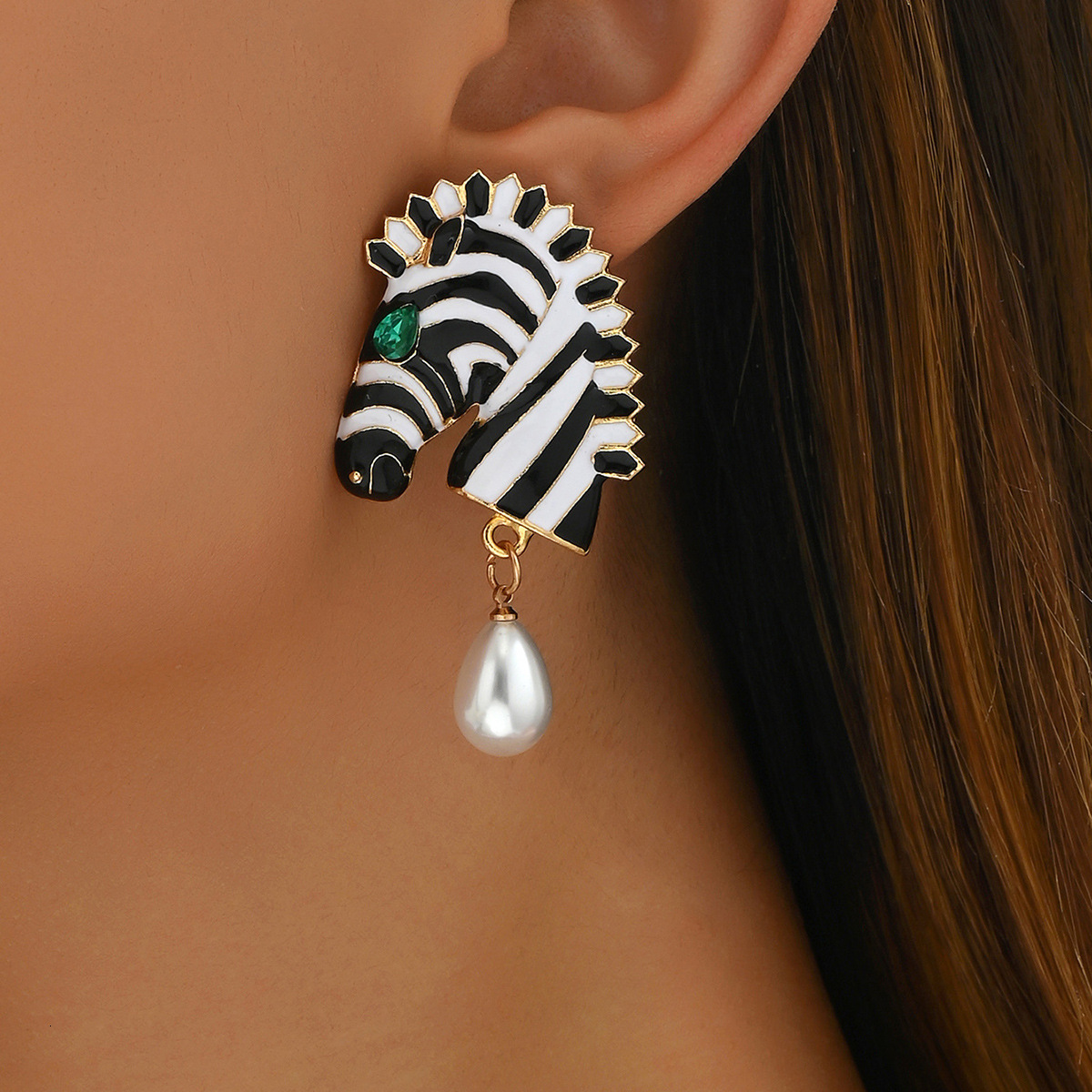 Oil Drop Earrings Unique Zebra Small Animal Design Inlaid With Dias And Pearls