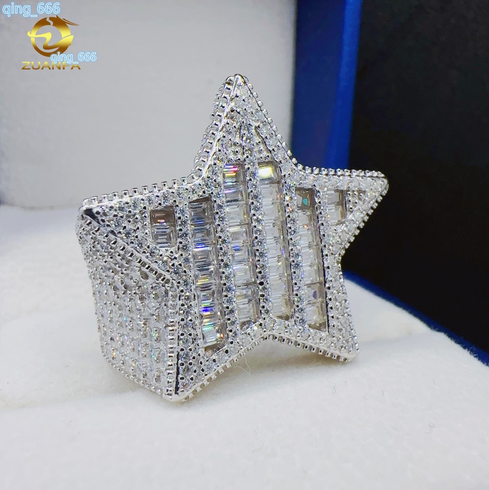 Fashion Baguette VVS Moissanite Star Design Ring Custom Hip Hop Jewelry 925 Sterling Silver Ring for Men women