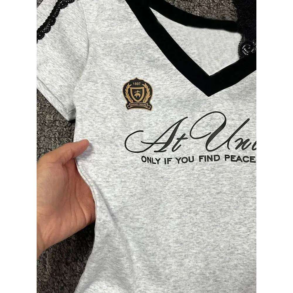 White-Gray Lace Sport Sexy Summer Off shoulder Top Women Y2k V neck Short sleeve T shirt Fashion Korean Lady Basic Tees 2025 New