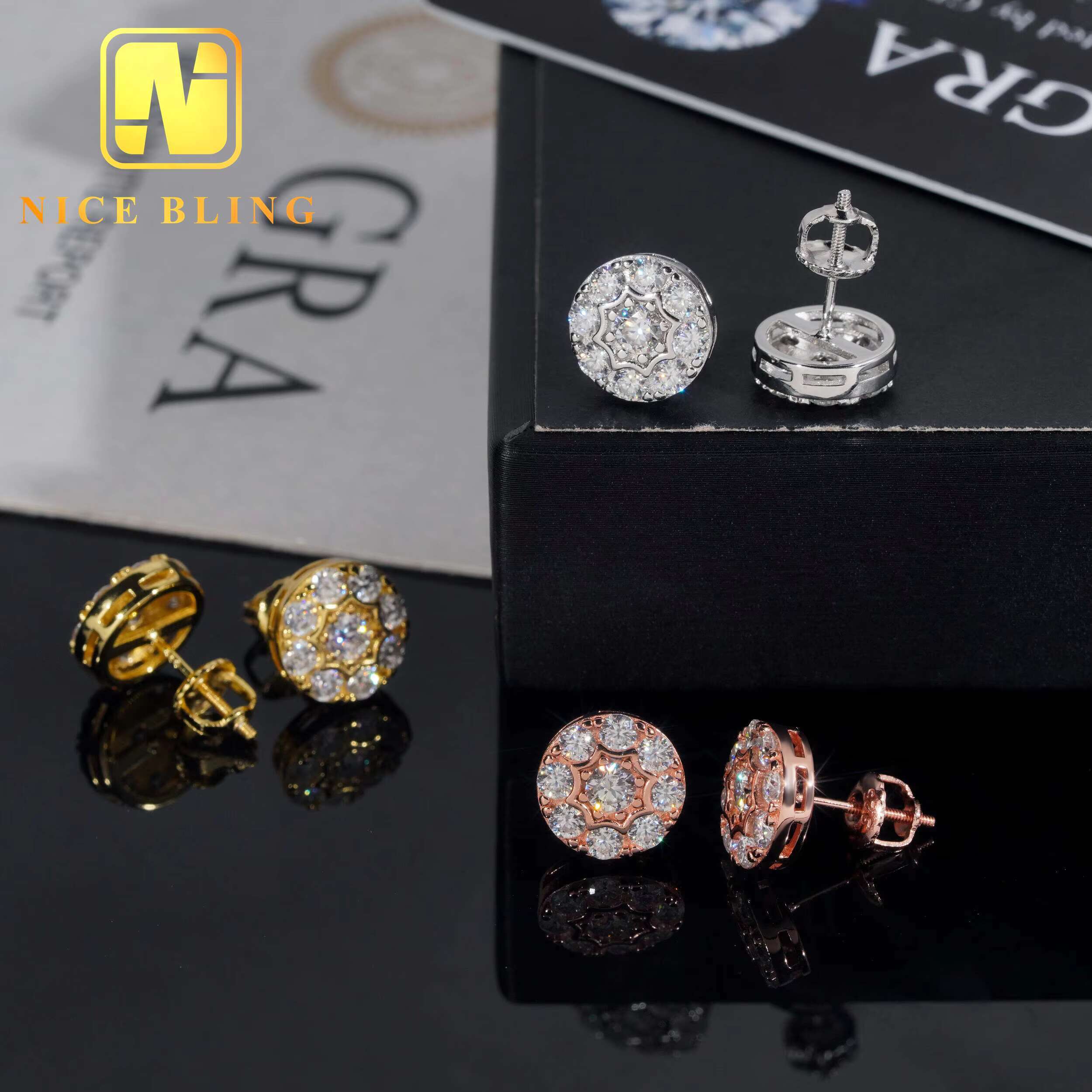 Fine Jewelry Ear Studs Iced Out 925 Sterling Silver Screw Back Round VVS Moissanite Diamond Stud Earring for Men Women