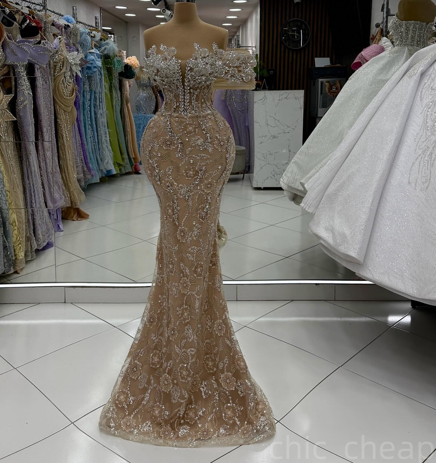 Champagne Mermaid Prom Dresses 2025 Illusion 3D Floral Lace Crystals Evening Formal Party Second Birthday Engagement Gowns Plus Size Dress For Special