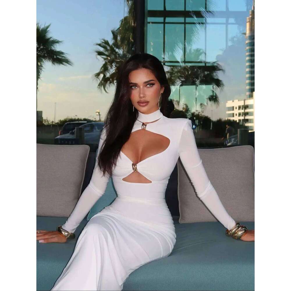 Cut Out Women V Neck Long Sleeve Casual Column Summer Sexy Turtleneck Party Midi Dress Gown