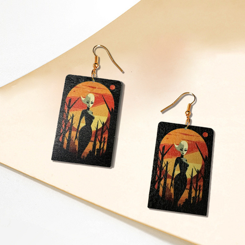 1 Pair Square Halloween Earrings for Women Alien Dark Style Sunset Celebration Double-Sided Print Funny