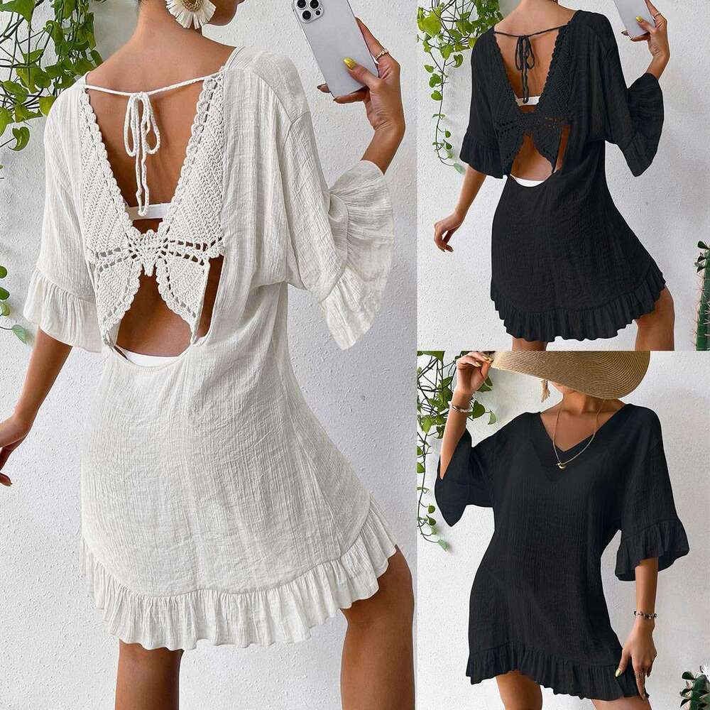 Beach Cover-Up Sun Protection Dress Back Butterfly New V-Neck Flare Sleeve B5