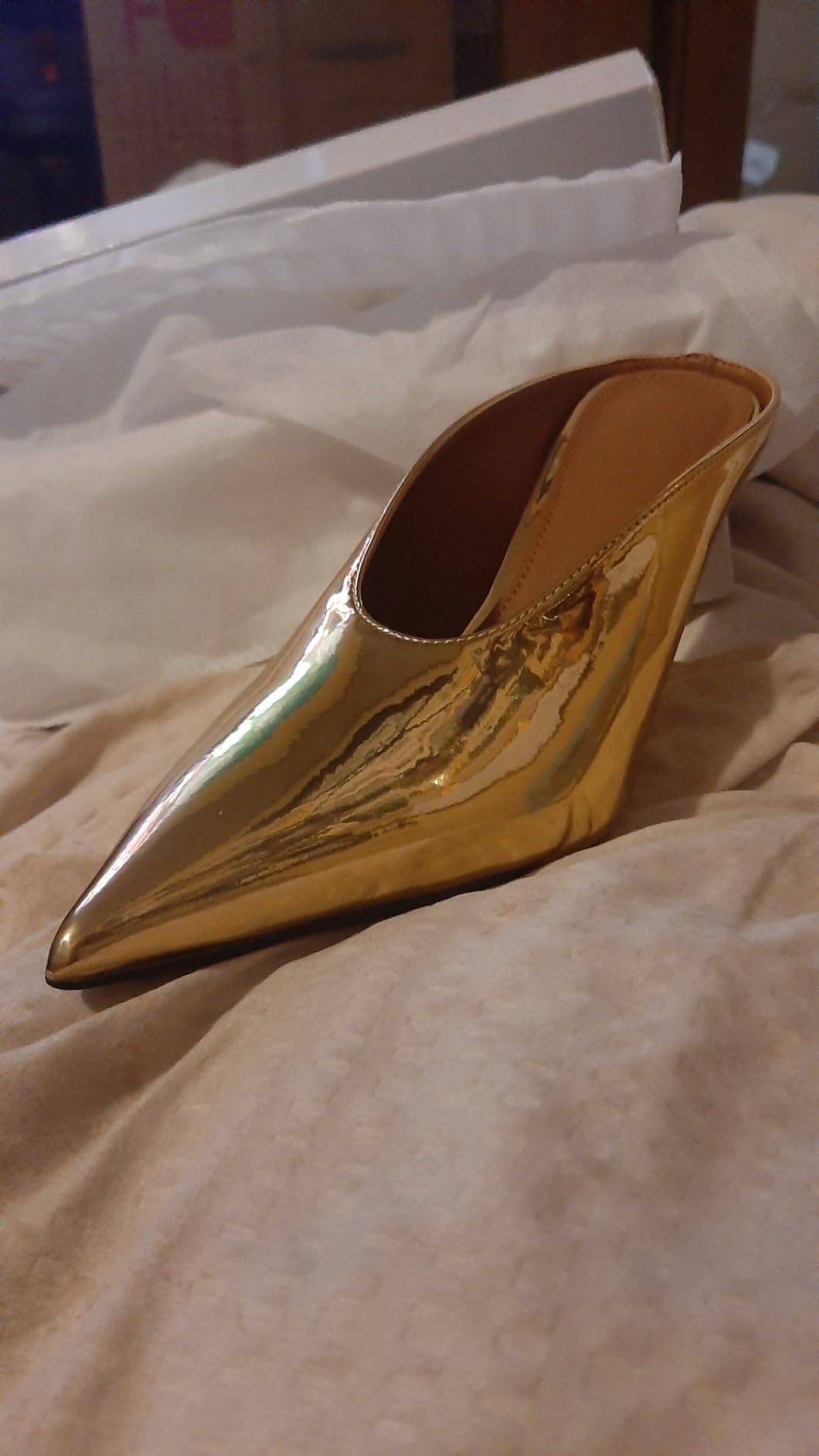 ARQA Metallic Heeled Mules for Women Sexy Pointed Closed Toe Slip On Wedge Mule Pumps Heels 3.94 inches curved heels.