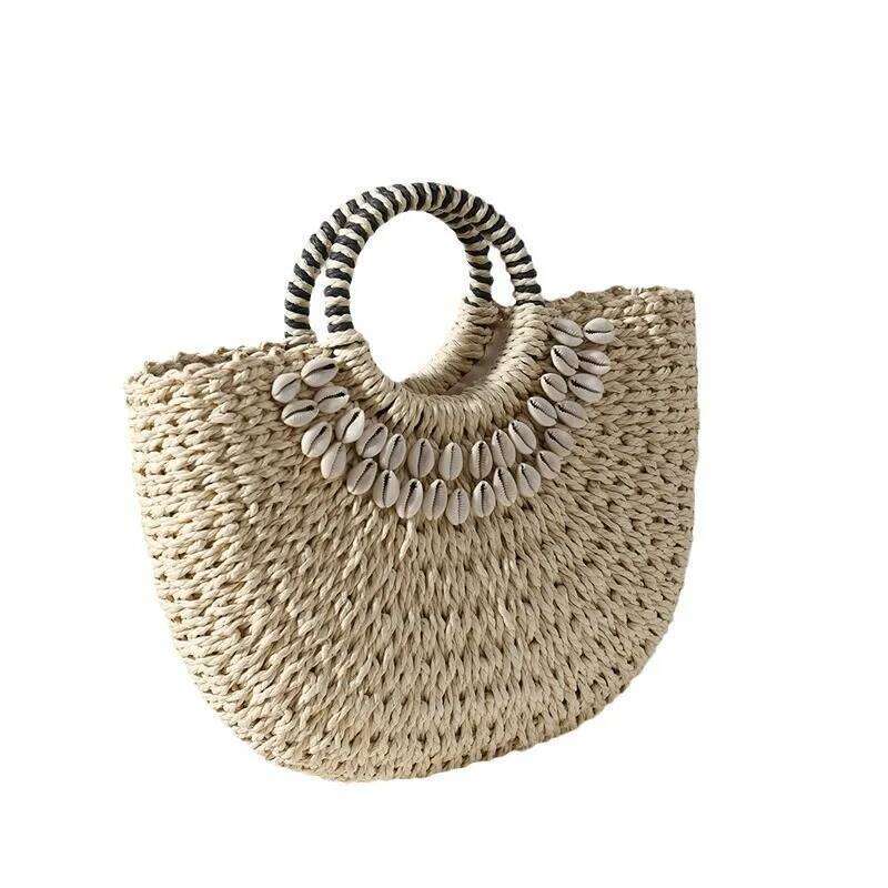 New Fashion MOON Straw Handbags Summer Shell Beach Rattan Bag Handmade Vintage Woven Handbag For Women Bolsa Femme