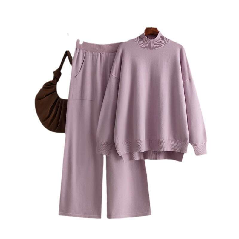 Solid Color Knitted Half Turtleneck Slit for Women 2024 Autumn Winter Fashion Casual Sweater Two-Piece Set