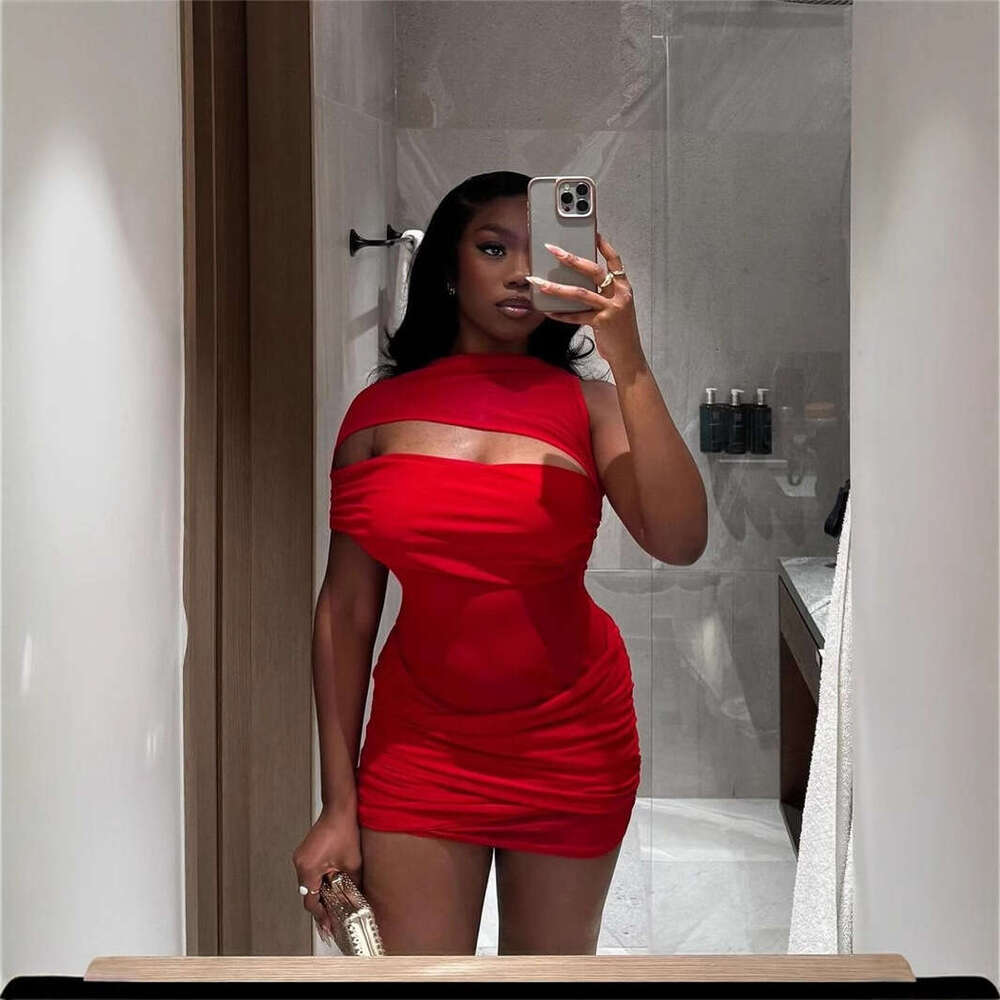 New Women's Fashion Ins Style Solid Color Patchwork Sexy Asymmetric Sleeveless Bodycon Short Dress B5