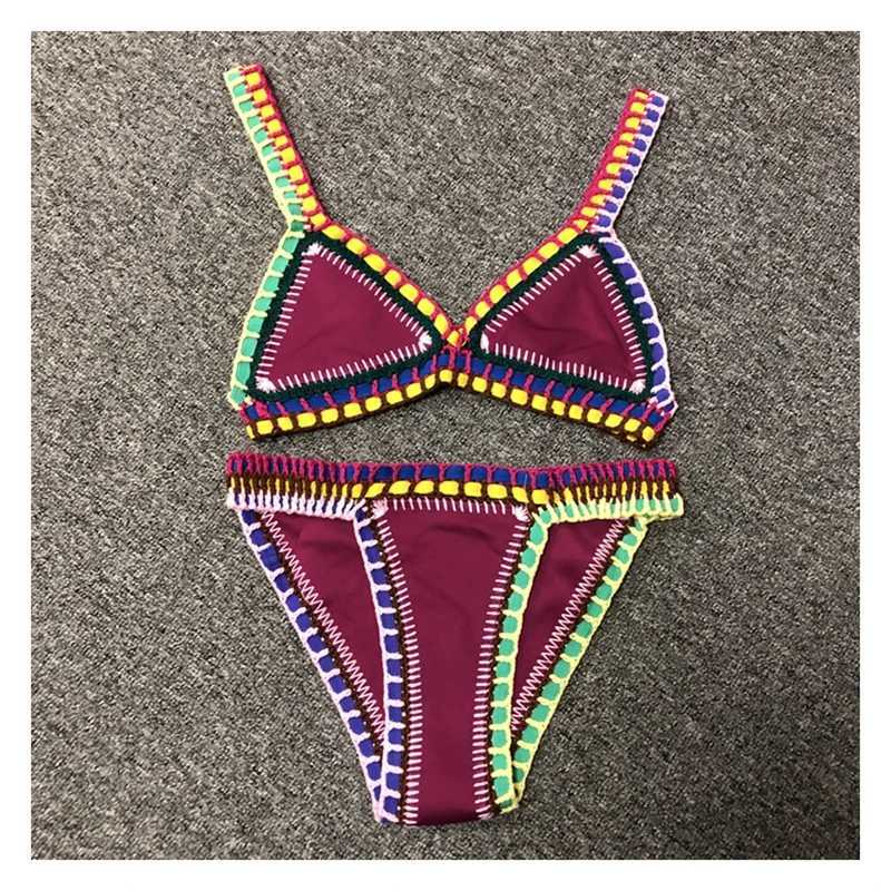 Female Blue Swimwear Black Crochet Elastic Bikini Set Sexy Women Handmade Crochet Purpleish Red Patchwork Swimsuit Knit Biquini XJ250624