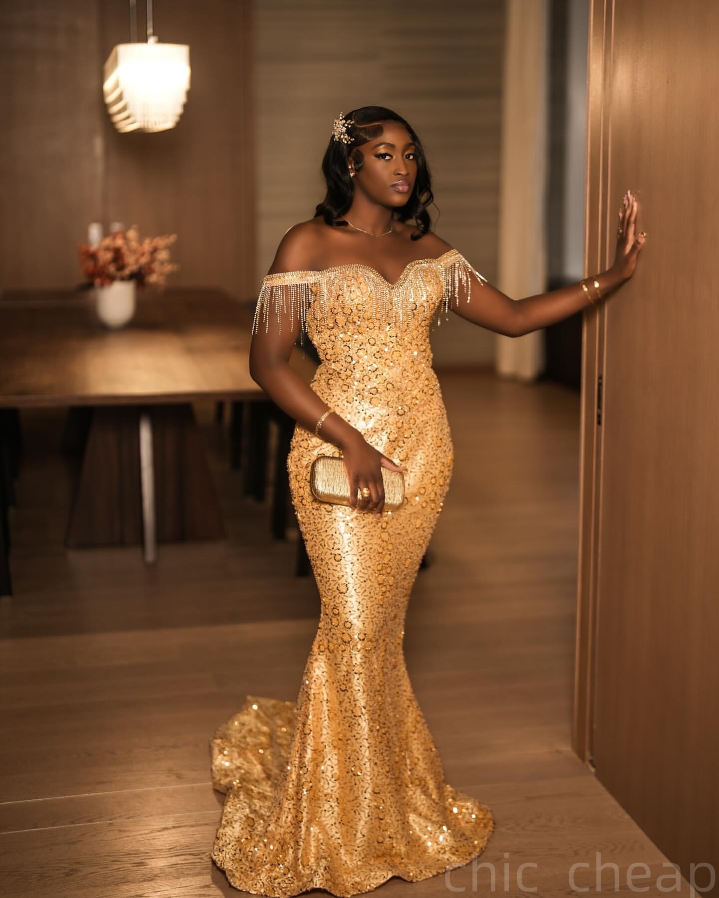 Gold Mermaid Prom Dresses 2025 Tassels Sequined Lace Sparkly Evening Formal Party Second Birthday Engagement Gowns Plus Size Dress For Special Occasio