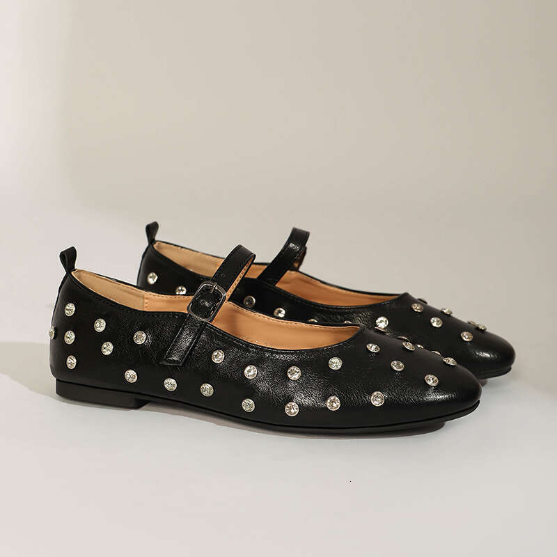 Mary Jane for Women 2024 Spring Summer New Square Toe Studded Rhinestone Flat Strap Genuine Leather Ballet Shoes