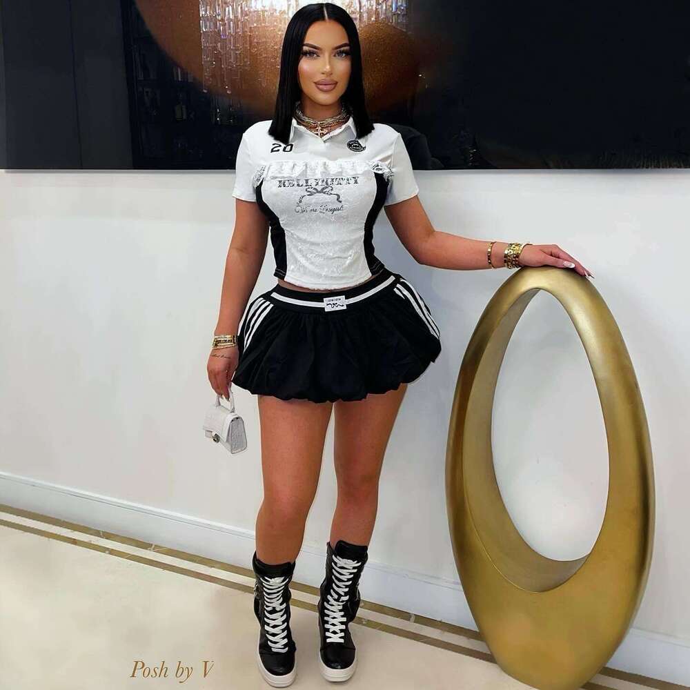 Summer Lace Trim Letter Print Button-Up Top Waist-Length Puffy Mini Skirt Set For Women B5