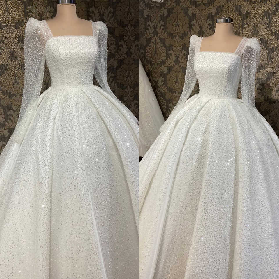 Simple A Line Women Wedding Dress Square Neck Long Sleeves Bridal Gowns Sequins Sweep Train Dress Custom Made vestidos de novia