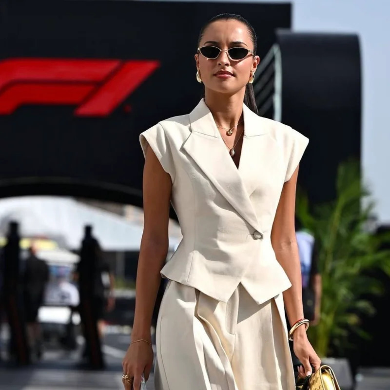 Womens Chic Top Pant Suit Lapel Sleeveless Vneck Slimming Tops Loose Straight Through Pants 2025 Summer Outfits 250616