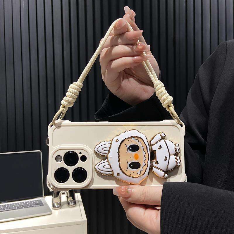 Cartoon Labubu Mirror Stand Compatible with iPhone 16 Case 12 Apple 15 Four-Corner Lanyard Anti-Drop Huawei