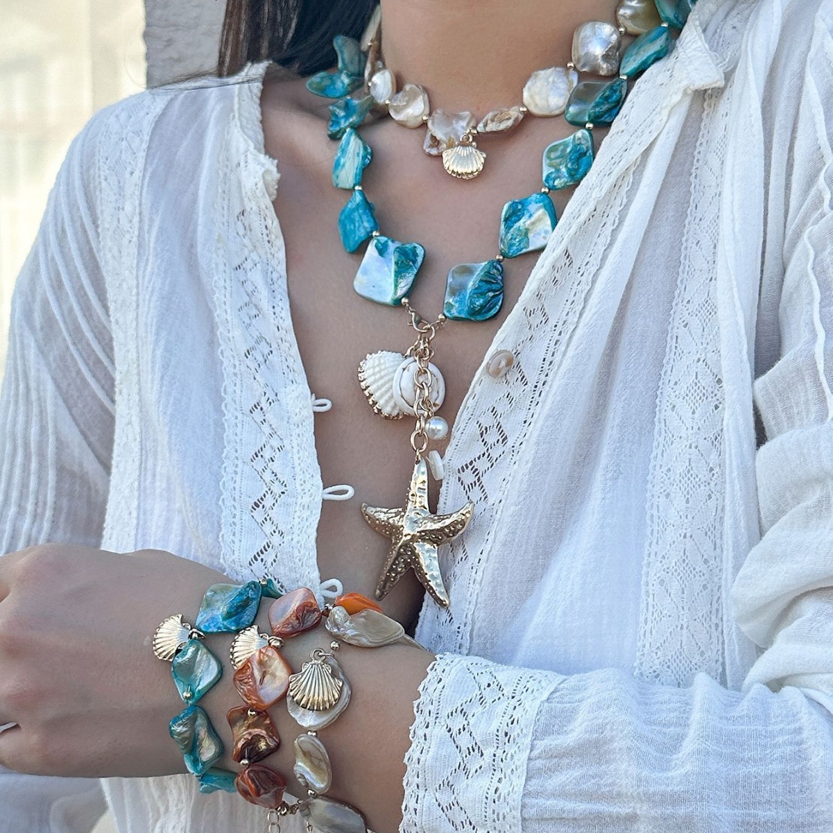 Ins Ocean Style Shell Piece Starfish Elegant Vacation Irregular Necklace Jewelry