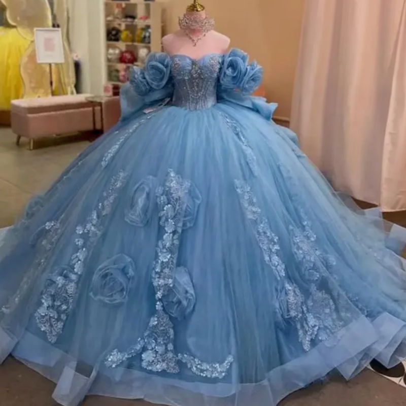 Blue Quinceanera Dresses Handmade 3D Flowers Ruffles Applique Beads Tull Court Train Sweet 16 Dress Birthday Party Vestidos De 15 Anos