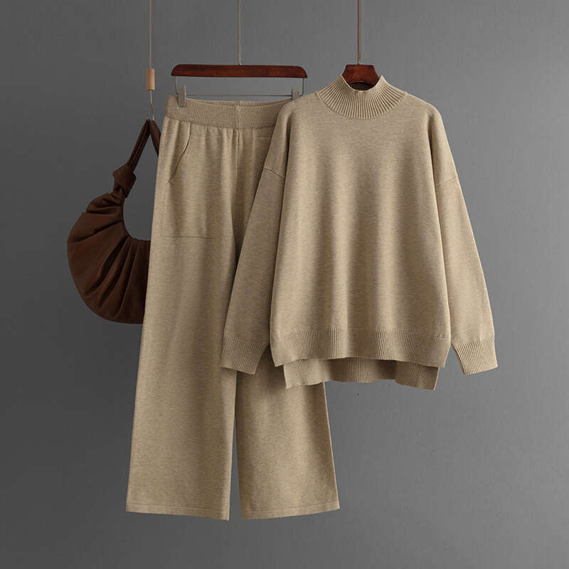 Solid Color Knitted Half Turtleneck Slit for Women 2024 Autumn Winter Fashion Casual Sweater Two-Piece Set