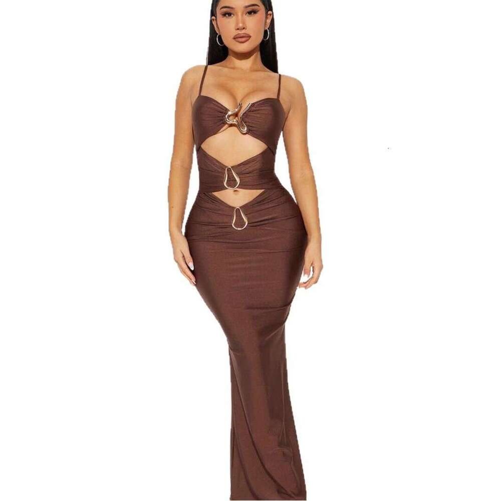 New Fashion Slim Sexy Solid Color Metal Design Hollow Out Strap Bodycon Long Dress For Women B5