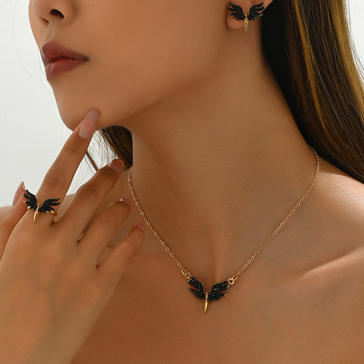 Fashion Women S Ring Set With Unique Angel Wings Oil Drop Design Earrings And Long Necklace
