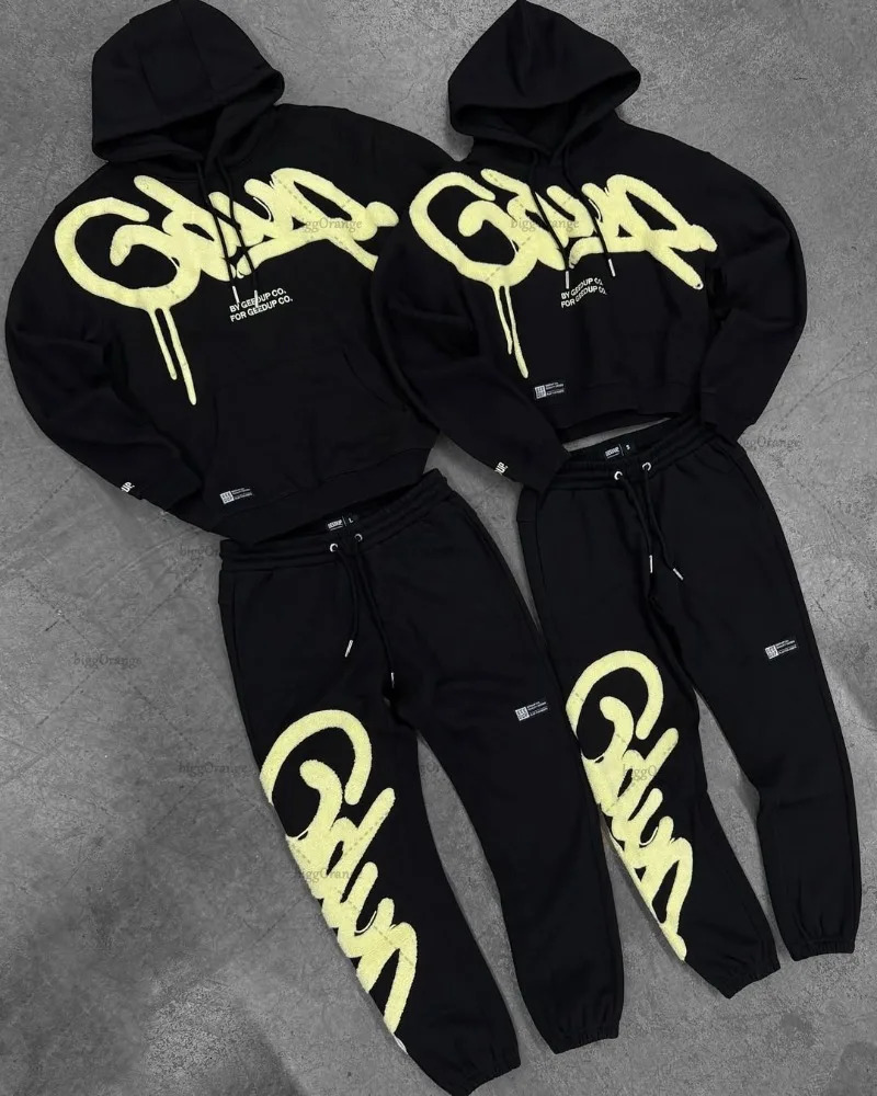 Black Purple Men Clothing Sports Set American Letter Oversized Hoodies Street Hip Hop Retro Loose Sport Pants 250616