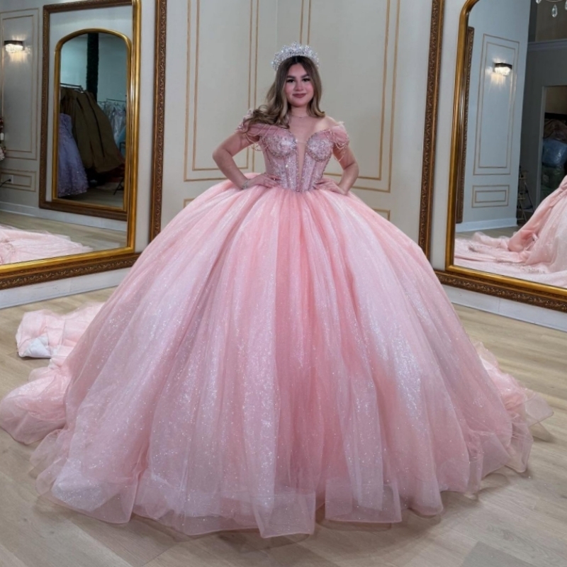 Pink Shiny Quinceanera Dresses Ball Gown Off The Shoulder Applique Bow Beading Crystal Tull Corset Sweet 16 Dress Vestidos 15 Anos