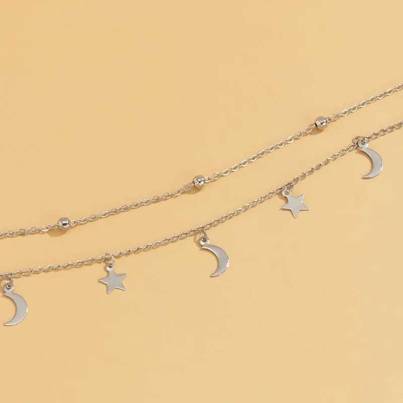 Star Moon Pendant Clavicle Necklace Double Layers Beads Minimalist Women Fashion Collares Summer Everyday Jewelry Bijoux V250625
