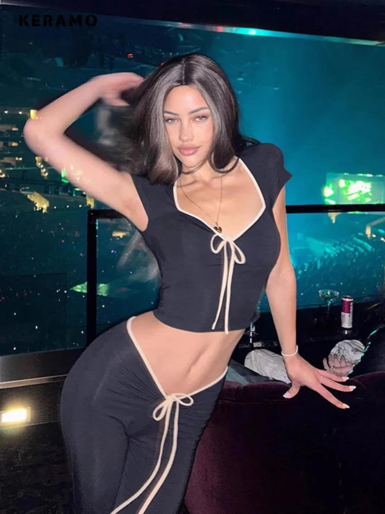 2025 Summer Sexy Casual Twopiece Set Women Slim Vneck Laceup Tshirt Black Trousers Sets Street sweet Pants Suits 250614