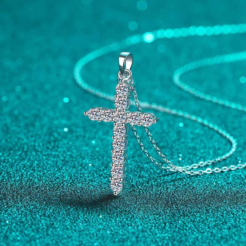 Hot Sales S925 Sterling Silver Moissanite Cross Pendant Necklace VVS D-Color with Rhodium Plating Birthstone Claw Setting Inlay