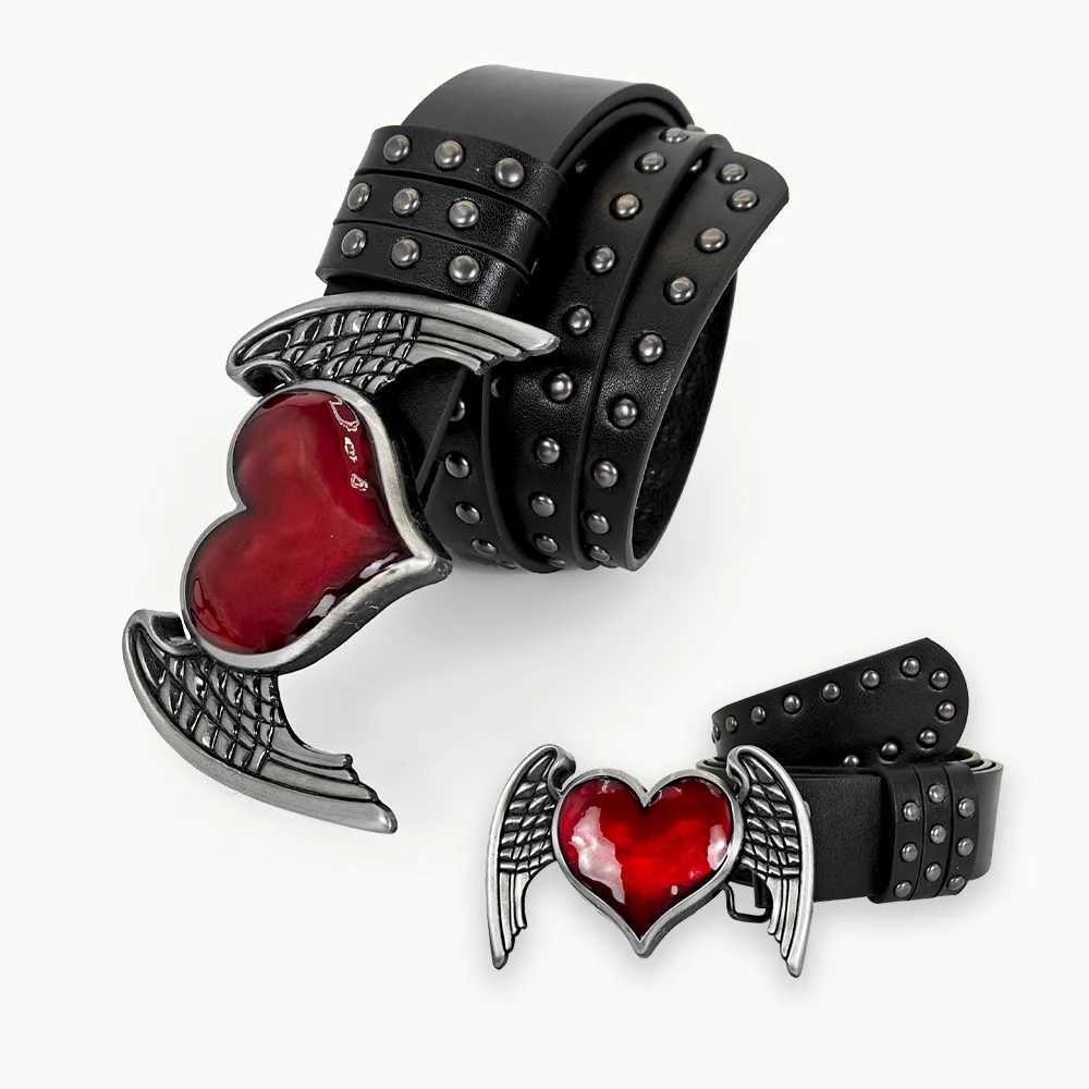 Unisex Jeans Belt Sword Red Heart Gothic Y2K Fashion Belts For Women Designer Luxury Black Rivet Punk Accessory Mens Belt Male W250625
