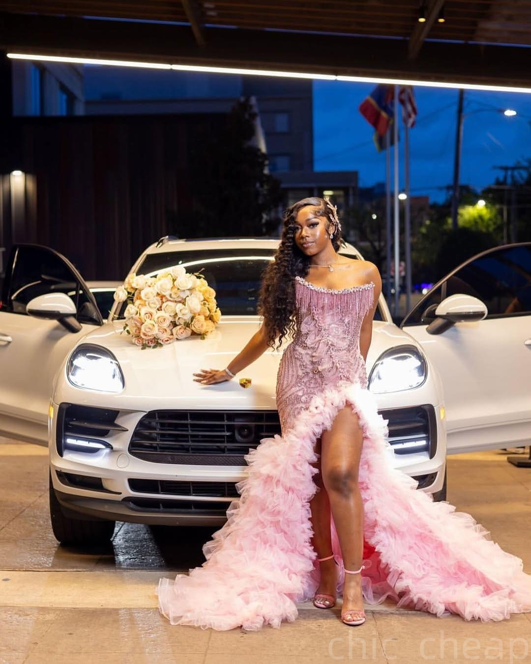 Pink Mermaid Prom Dresses 2025 Florals Crystals Tassels Tiers Tulle Evening Formal Party Second Birthday Engagement Gowns Plus Size Dress For Special 