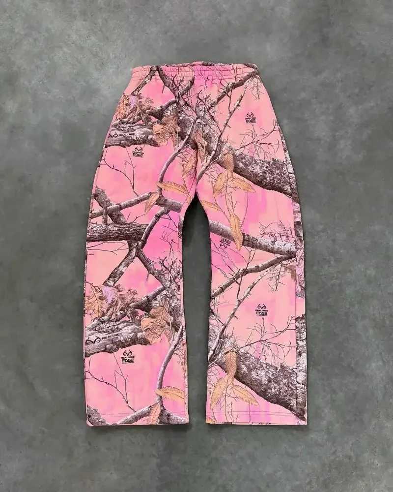 Akimboclub Fashion Pink Straight Leg Pants Hip Hop Leaves Trend Hooded Men Sweat Pants Drawstring Casual Sports Pants Streetwear X250625
