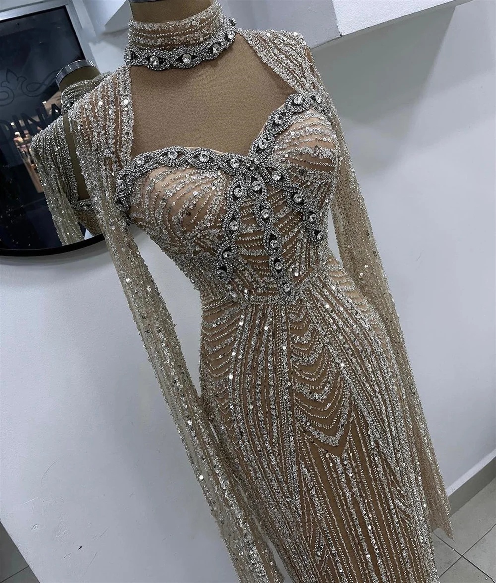 Fashion Wedding Dresses Sequins Crystal Bridal Gowns Mermaid Long Sleeves High Neck Slim Customized Bride Vestidos De Novia Plus Size
