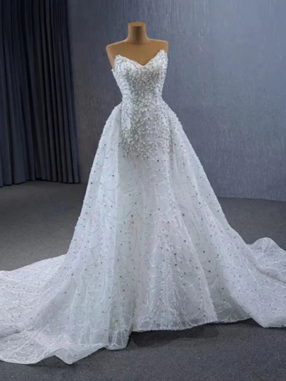 Luxury Pearls Mermaid Wedding Dress Beading Crystal Strapless Bride Gowns Detachable Sweep Train Bridal Dresses Customized