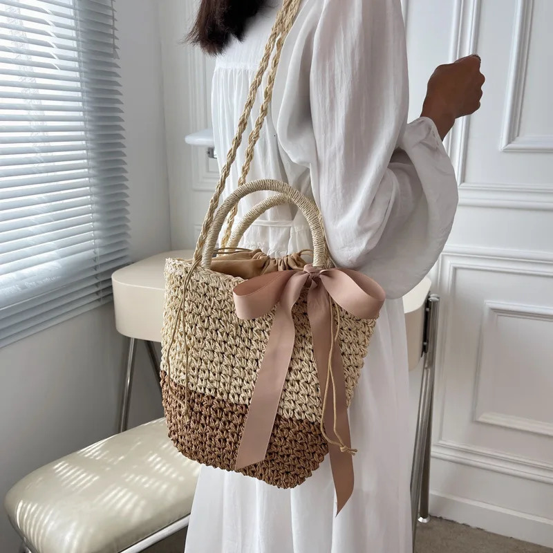 Bow Decors Bucket Shoulder Bags Handmade Straw Hollow Out Bag Summer Female Travel Beach Purse Vintage Handbags Bolsa 250624