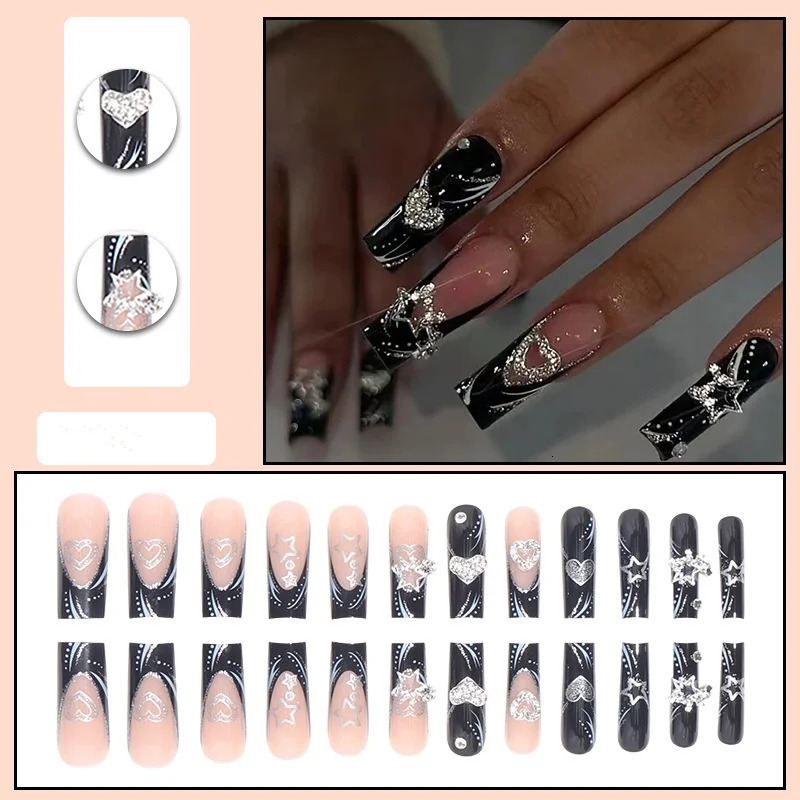 24PCS1BOX Black French Wearing Sweet and Cool Nail Patch Glitter Love Stars in Europe and America Dark Department Fake Nail 250625